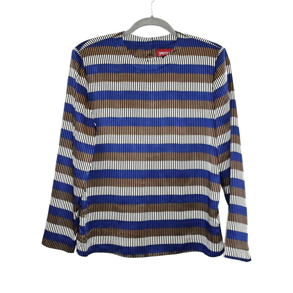 SASSON Vintage Blouse Size 8 Hong Kong Stripes Blue Brown Cream Black Top Shirt